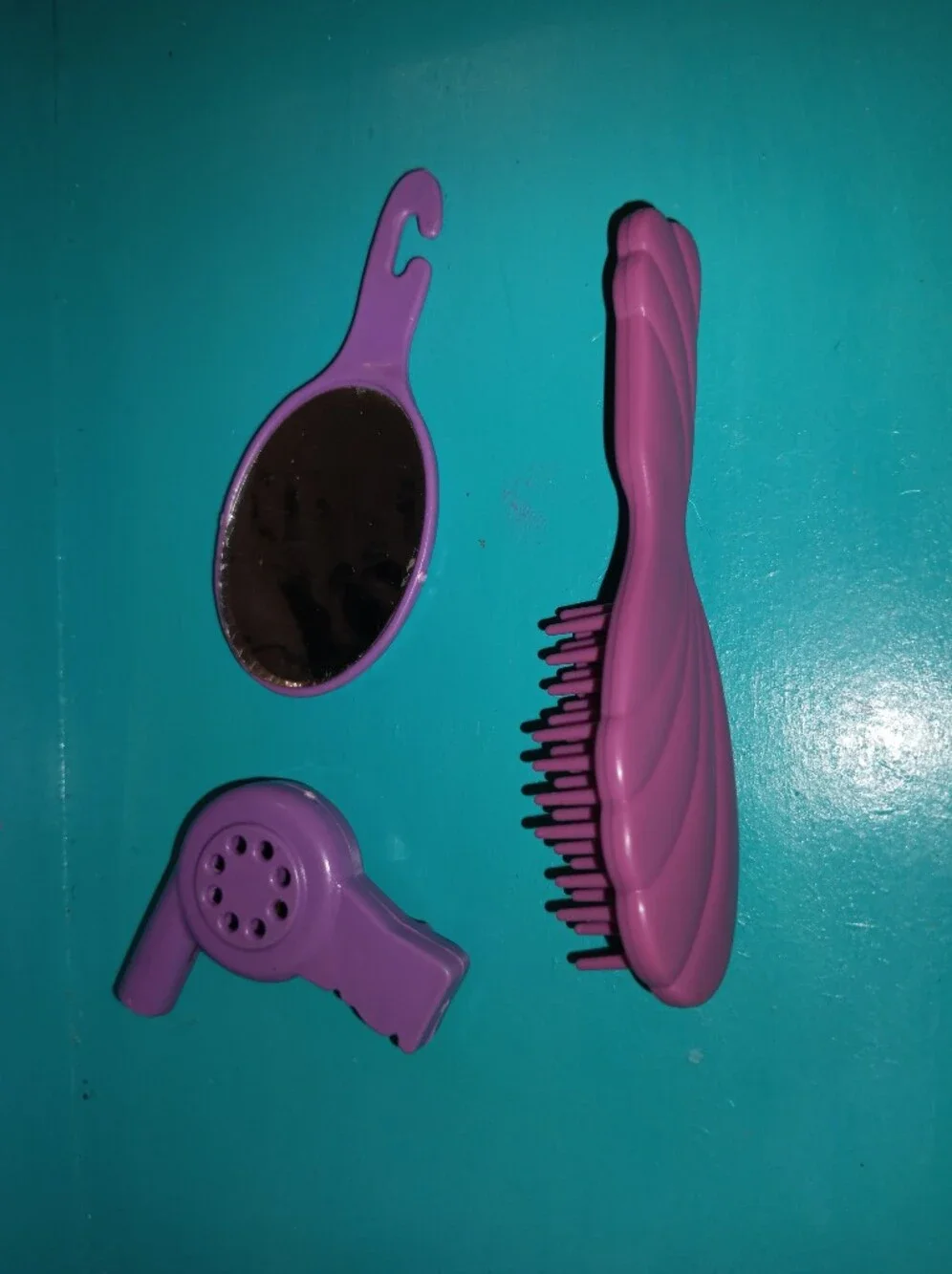 Barbie doll purple bath accessories mirror brush blow dryer 80s